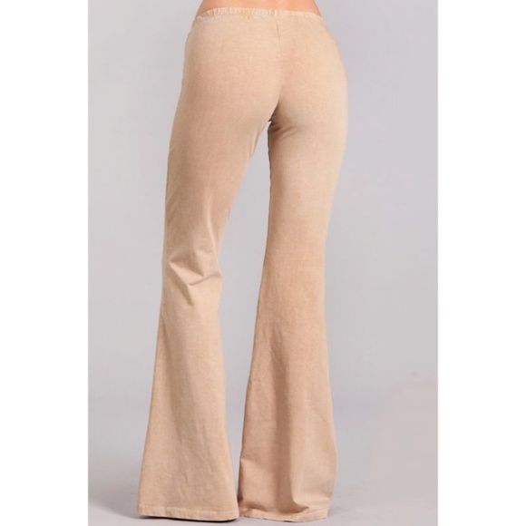 Beige Boho Mineral Wash Stretch Flared Bell Bottom Casual Pants - Picture 4 of 6